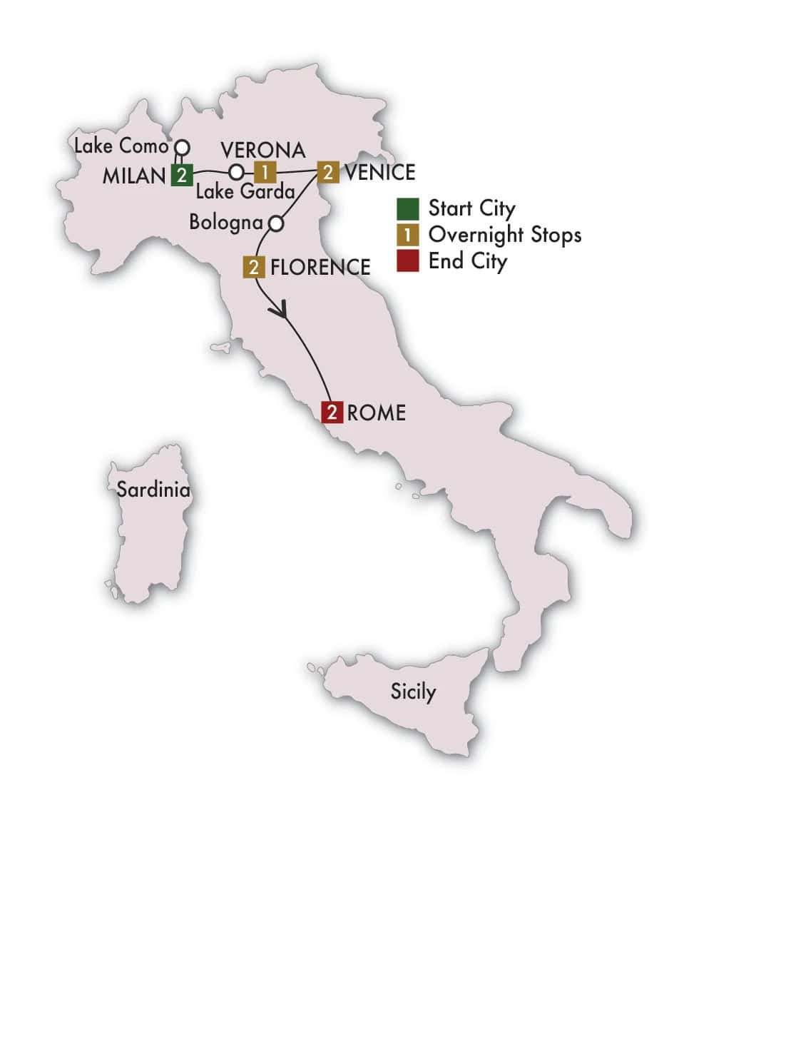 Route map of the 10-day Classic Journey from Milan and the Italian Lakes through Verona, Venice, and Florence to Rome