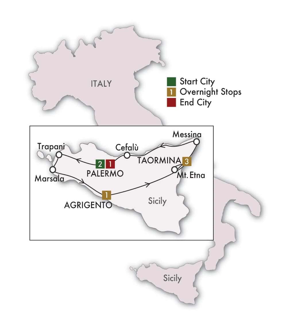Route map of the 8-day Classic Sicily tour, round-trip from Palermo via Agrigento, Taormina, and Mount Etna