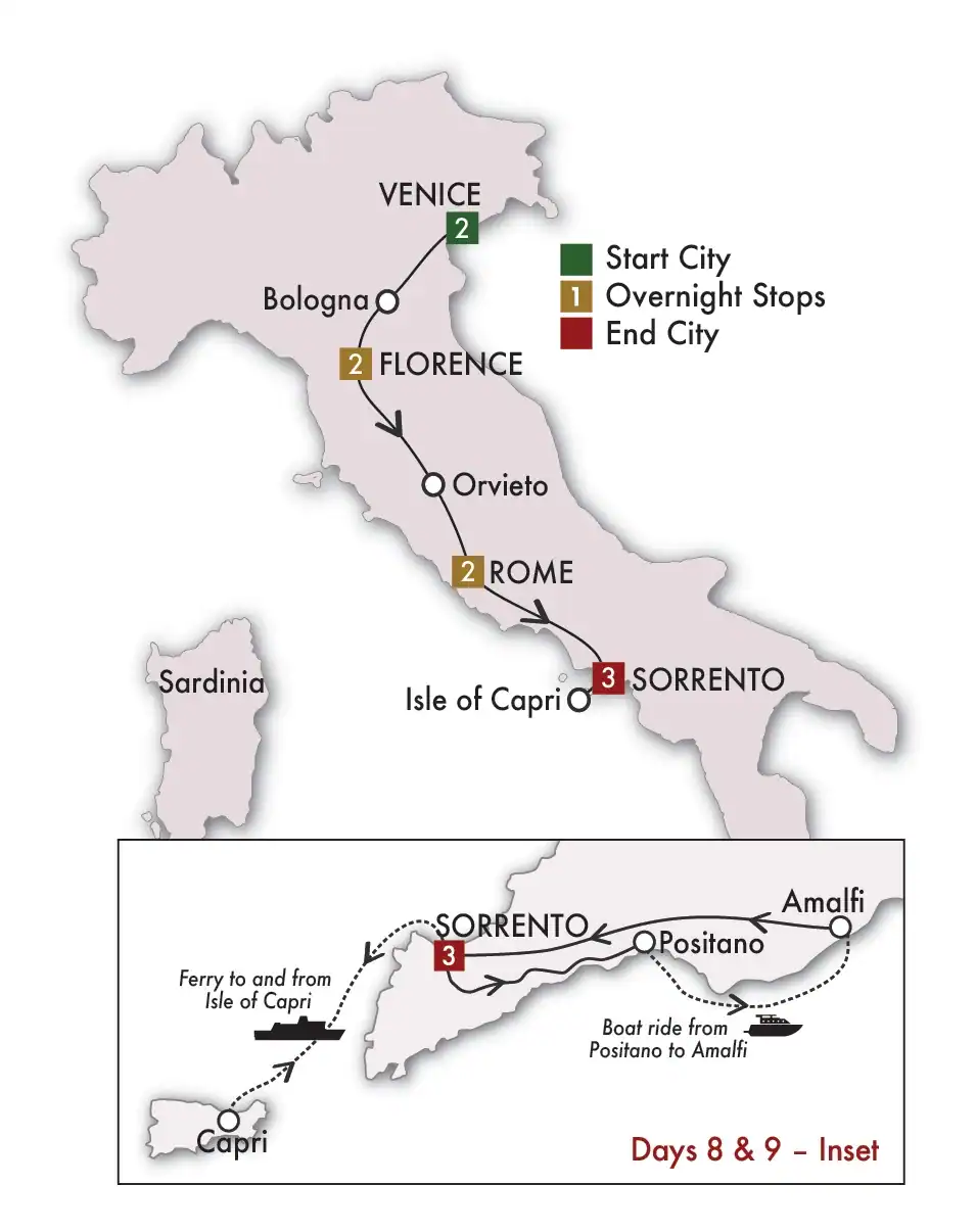 Route map of the 10-day Taste of Italy Plus tour from Venice to Rome to the Amalfi Coast, ending in Sorrento