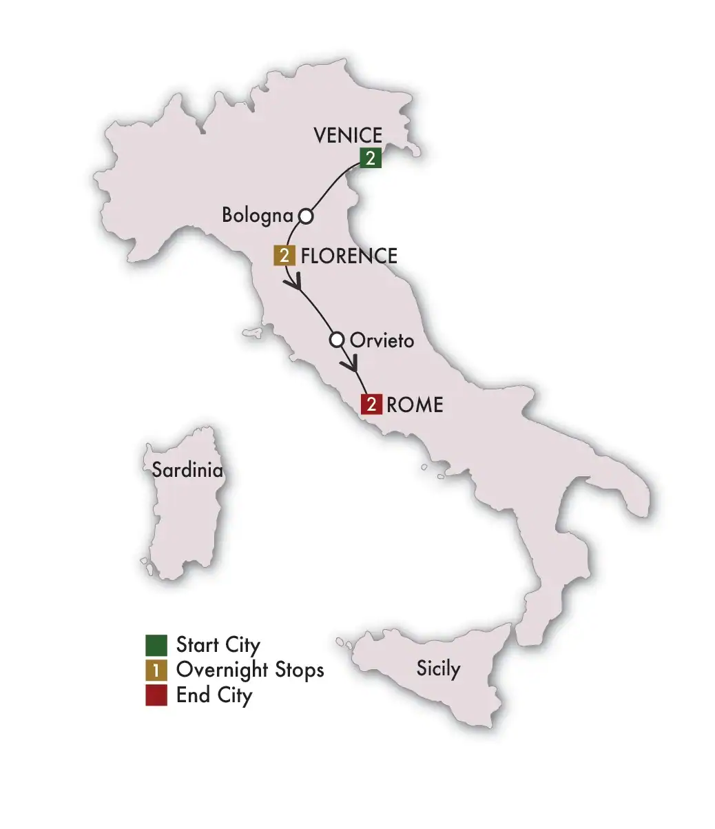 Route map of the 7-day Taste of Italy tour from Venice to Florence to Rome